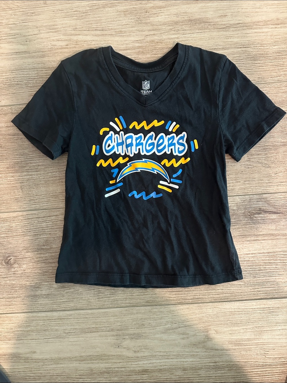 NFL Black Chargers Graphic V-Neck Tee with Blue and Yellow Logo